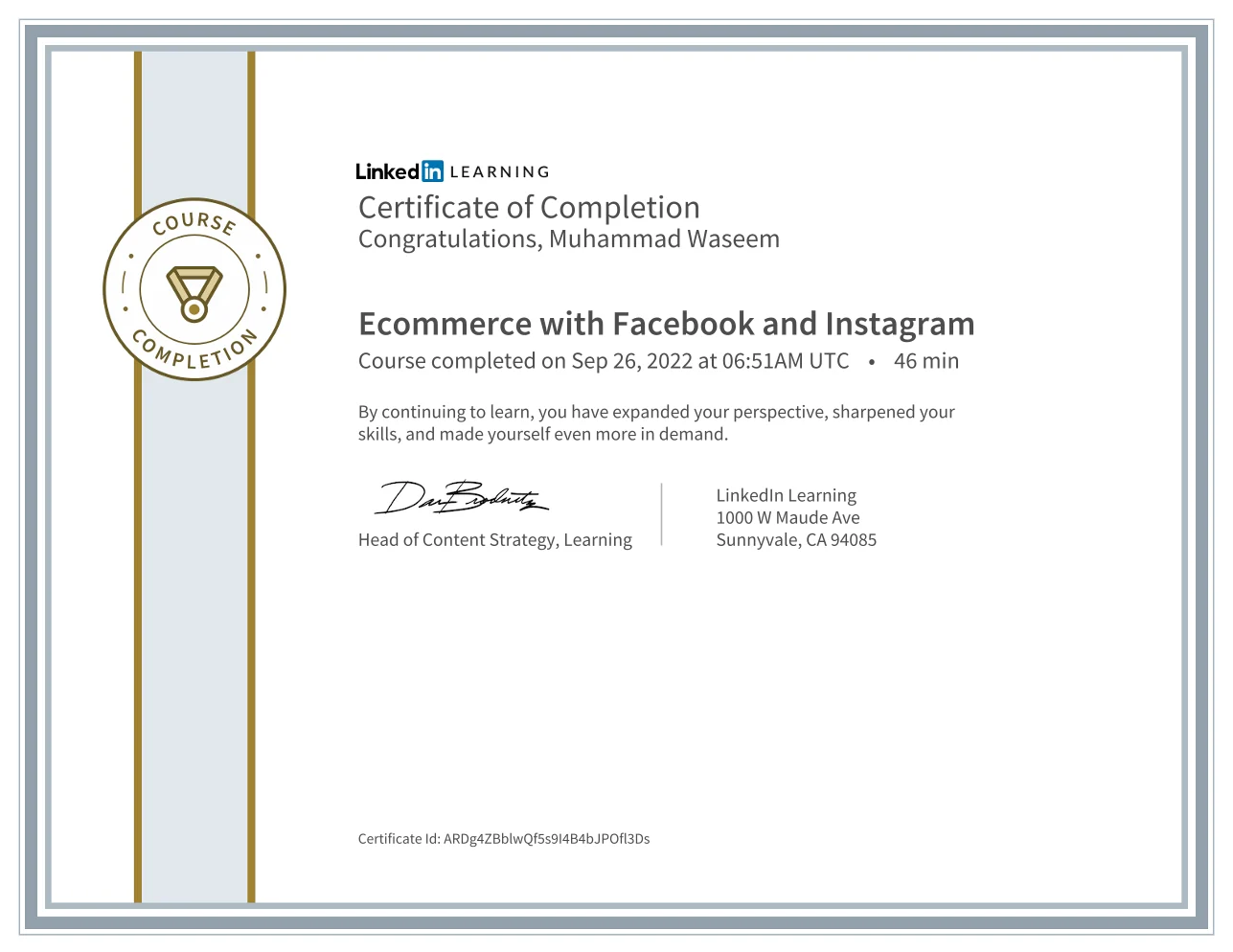 Ecommerce with Facebook and Instagram certificate