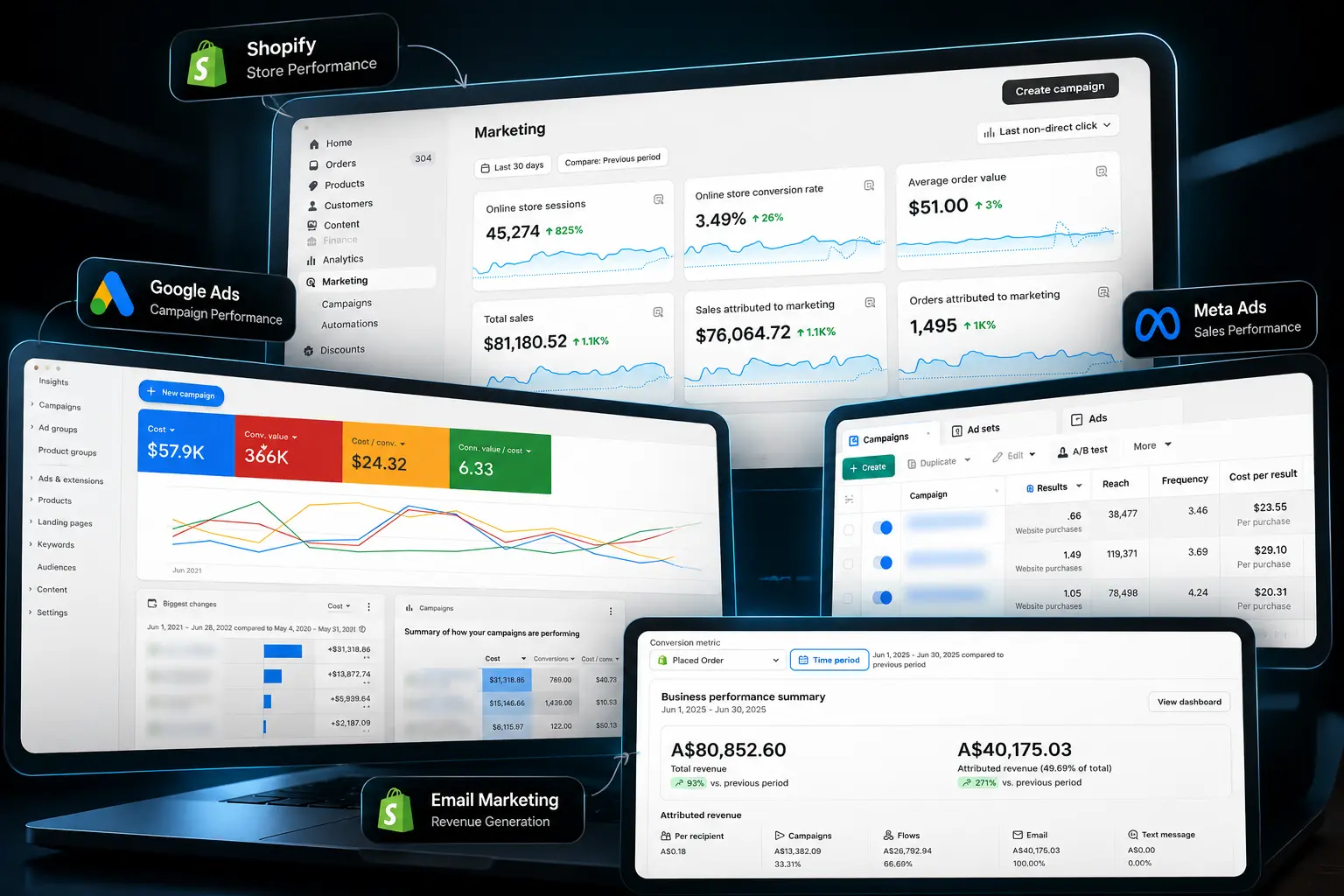 Shopify, Meta Ads, Google Ads and email marketing performance dashboards